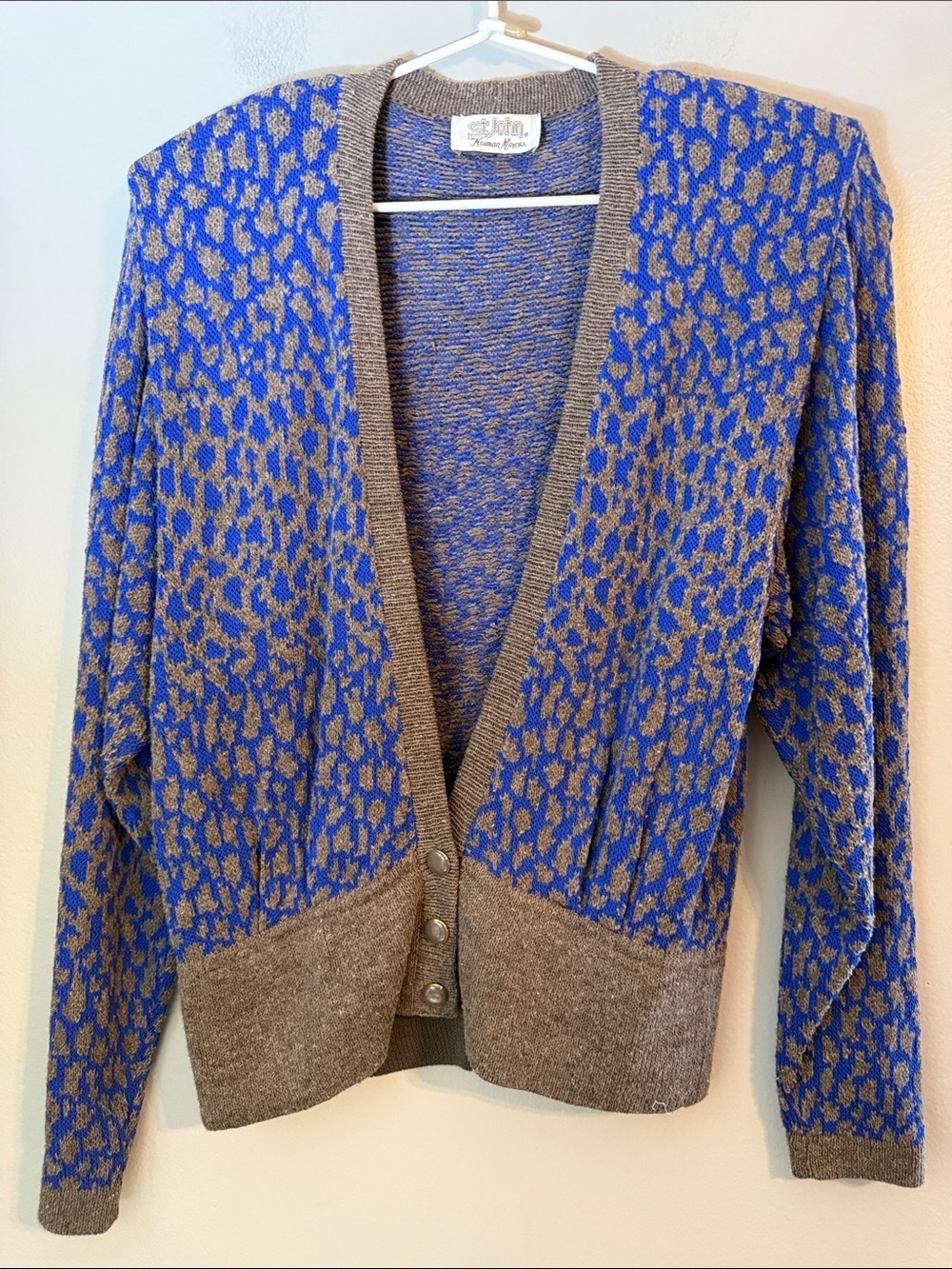 St. John Vintage 1980's Blue & Gray Wool V-Neck Sweater Cardigan Size 10